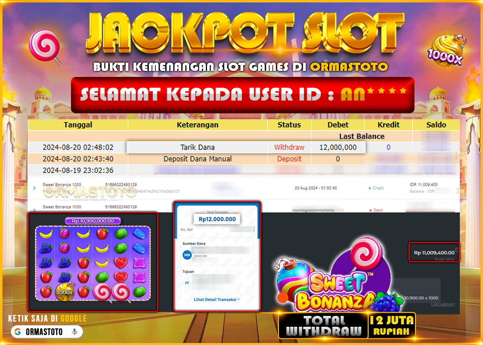 BUKTI JACKPOT SWEET BONANZA 1000 DI ORMASTOTO DIBAYAR LUNAS