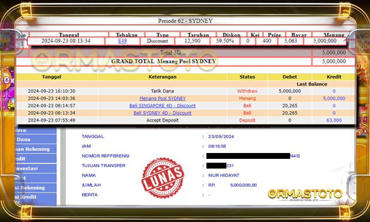 BUKTI JACKPOT SYDNEY SUDAH DIBAYAR LUNAS