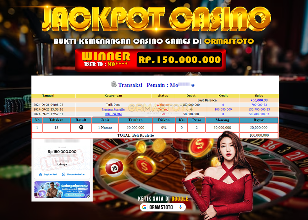 BUKTI KEMENANGAN CASINO ROULETTE 150JUTA DIBAYAR LUNAS DI ORMASTOTO