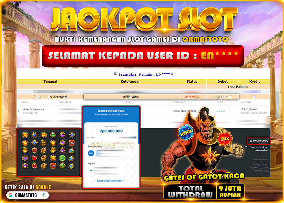 BUKTI JACKPOT SLOT GATES OF GATOT KACA MAXWIN 10JUTA BERHASIL WD 9JUTA