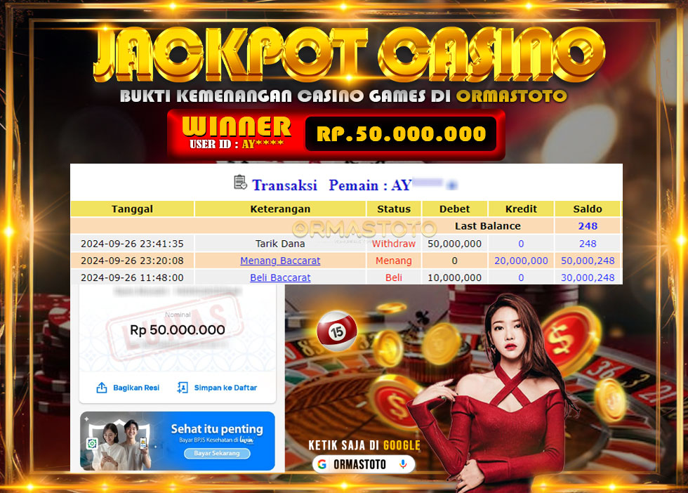 BUKTI JACKPOT CASINO BACCARAT WITHDRAW FANTASTIS NOMINAL 50JUTA TERBAYAR LUNAS