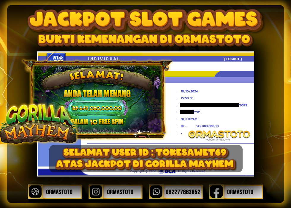 JACKPOT GORILLA MAYHEM DI ORMASTOTO LANGSUNG LUNAS WITHDRAW 649JUTA RUPIAH