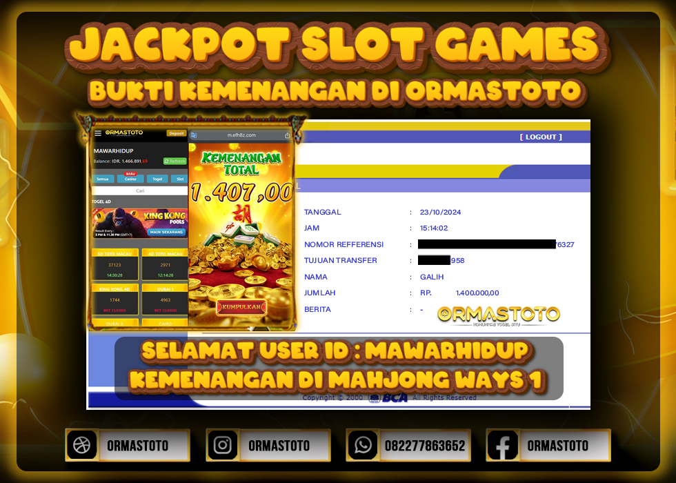 JACKPOT MAHJONG WAYS 1 DI ORMASTOTO LANGSUNG LUNAS WITHDRAW 1,4JUTA RUPIAH