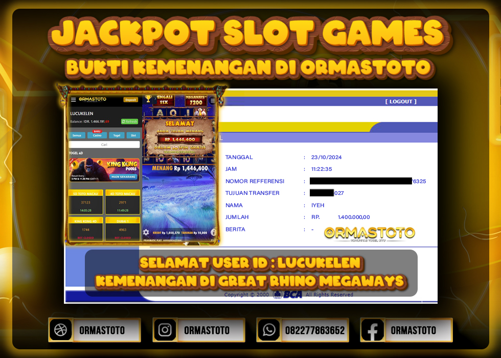 JACKPOT GREAT RHINO MEGAWAYS DI ORMASTOTO LANGSUNG LUNAS WITHDRAW 1,4JUTA RUPIAH